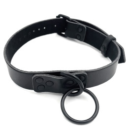 Черный БДСМ ошейник из натуральной кожи с черным поводком