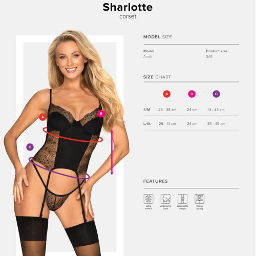 Черный корсет с кружевными вставками и трусиками-стрингами Sharlotte S/M