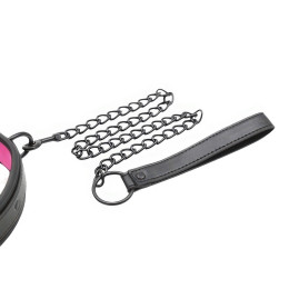 Черный БДСМ ошейник с розовой подкладкой и поводком на цепи
