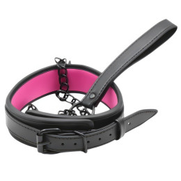 Черный БДСМ ошейник с розовой подкладкой и поводком на цепи