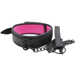 Черный БДСМ ошейник с розовой подкладкой и поводком на цепи