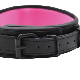 Черный БДСМ ошейник с розовой подкладкой и поводком на цепи