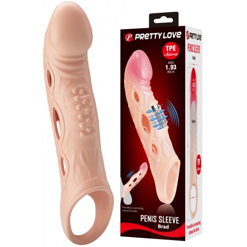 Удлиняющая насадка с рельефом и вибрацией Penis Sleeve Brad + 5 см
