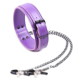 Фиолетовый ошейник с зажимами для сосков