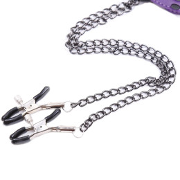 Фиолетовый ошейник с зажимами для сосков