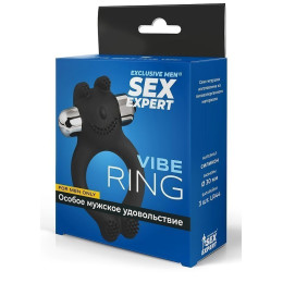 Черное силиконовое эрекционное виброкольцо Sex Expert