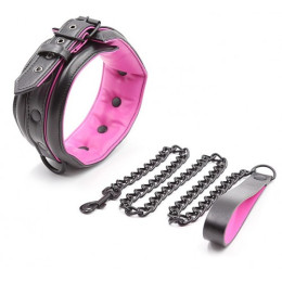 Черно-розовый ошейник с поводком на цепи
