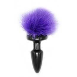 Черная силиконовая анальная пробка с фиолетовым хвостиком