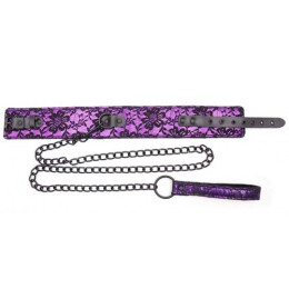 Черно-фиолетовый ошейник декорированный кружевом с поводком