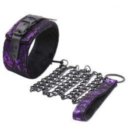 Черно-фиолетовый ошейник декорированный кружевом с поводком