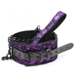 Черно-фиолетовый ошейник декорированный кружевом с поводком