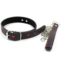 Ошейник узкий с поводком и красными сердечками