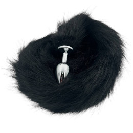 Металлическая анальная пробка S с длинным черным хвостиком 87 см