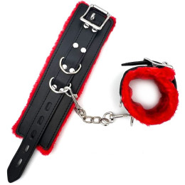 Черные наручники с красной меховой подкладкой