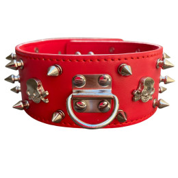 Широкий красный ошейник с шипами и поводком