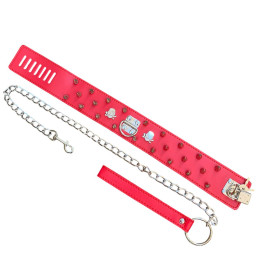 Широкий красный ошейник с шипами и поводком