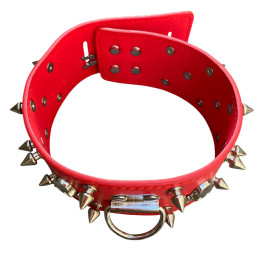 Широкий красный ошейник с шипами и поводком