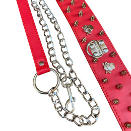 Широкий красный ошейник с шипами и поводком