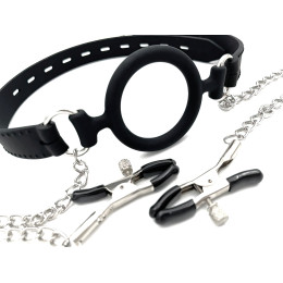 Черный силиконовый кляп-кольцо с зажимами для сосков