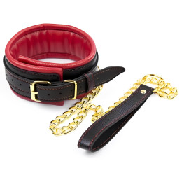 Черно-красный ошейник с поводком на золотой цепи