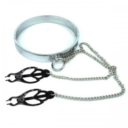 Ошейник стальной с зажимами для сосков в виде клевера черный