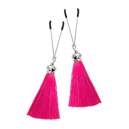 Зажимы на соски Pecado BDSM, «Вилки», с кисточками из шелка, металл, бордовые