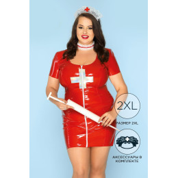 Костюм медсестры Candy Girl Eliza (платье, чокер, головной убор), лаковая кожа, красный, 2XL