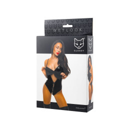 Боди ALEXA из материала Wetlook с доступом и бантом из шифона, черное, L