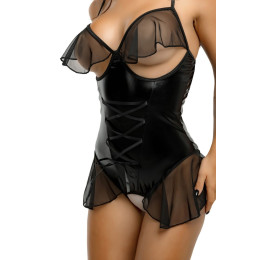 Боди SABRINA из материала Wetlook с интимным доступом и открытым декольте, черное, L