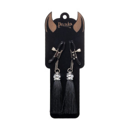 Зажимы на соски Pecado BDSM, «Прищепки», с кисточками из шелка, металл, черные