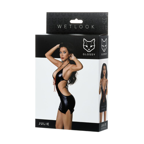 Платье Glossy JULIE из материала Wetlook с красной шнуровкой, черный, S