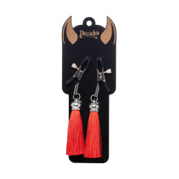 Зажимы на соски Pecado BDSM, «Прищепки», с кисточками из шелка, металл, красные