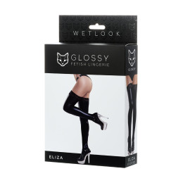 Чулки Glossy ELIZA из материала Wetlook со вставкой из кружева, черный, M