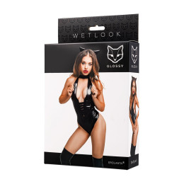 Боди Glossy Kitti с ушками на ободке из материала Wetlook, черное, L