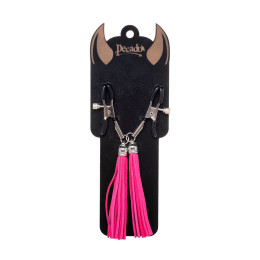 Зажимы на соски Pecado BDSM, «Прищепки», с кисточками из замши, металл, фуксия