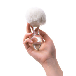 Анальная втулка Sexus Glass, с белым хвостиком, стекло, прозрачная, 14 см, Ø 4 см