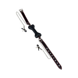 Кляп-трензель TOYFA Theatre, в виде косточки с зажимами для сосков, черный