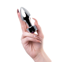 Анальная втулка Штучки-дрючки, металл, серебряная, с кристаллом фиолетовым, 9,5 см, Ø 3,5 см, 130