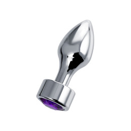 Анальная втулка Штучки-дрючки, металл, серебряная, с кристаллом фиолетовым, 9,5 см, Ø 3,5 см, 130