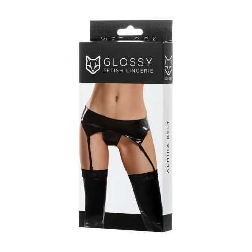 Комплект Glossy ALMIRA из материала Wetlook (пояс с пажами для чулок и трусики), черный, S